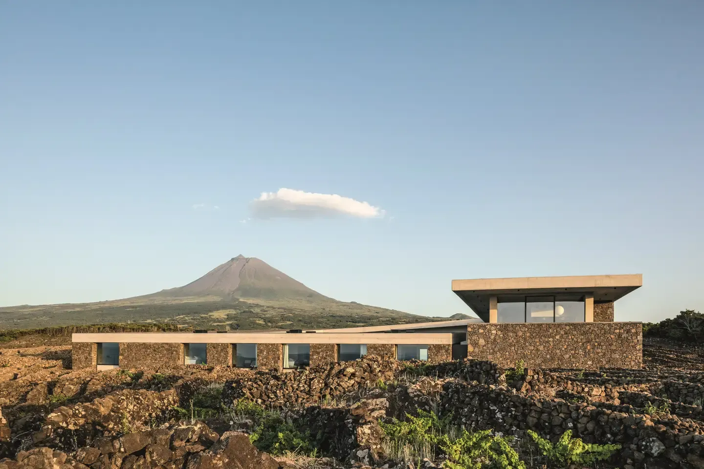 Azores Wine Company winery with the Pico mountain behind it